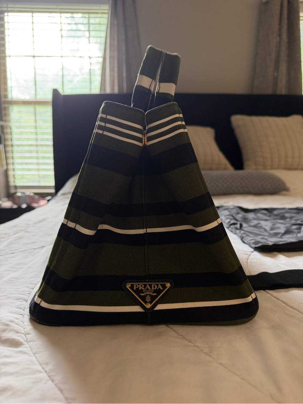 Prada Medium Green, Black & White Stripe Canapa Canvas Tote - Picture 2 of 8